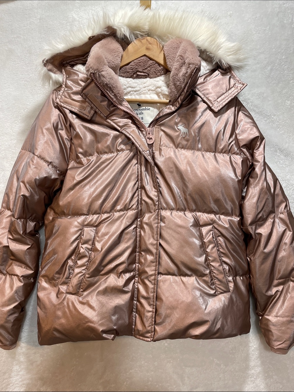 abercrombie kids metallic Pink Rose Puffer Jacket Sherpa Lined 15/16 Hooded Coat